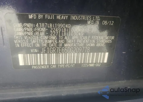 2013 Subaru Impreza Wrx из США, поврежденный, VIN JF1GR7E65DG209778